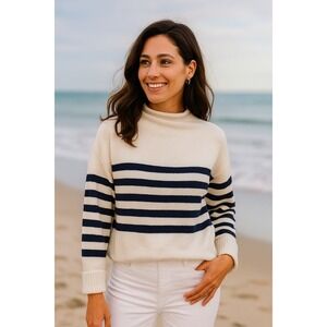 Truth Nautical Coastal Preppy S Ivory Navy Stripe Mock Neck Sweater Classic Soft